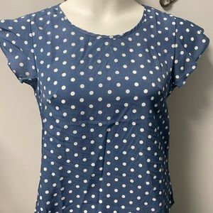 SHEIN short flutter sleeve blouse blue with polka dots. NWOT